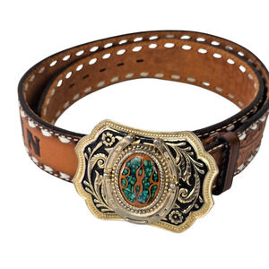 Tony Lama brown tooled leather laced belt inlaid turquoise buckle 36